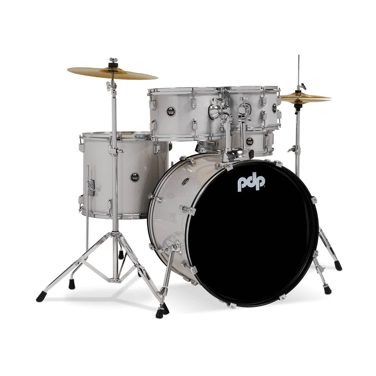 PDP Centerstage Series 5-piece drum kit with 20-inch bass drum in diamond white finish, featuring cymbals and hardware.