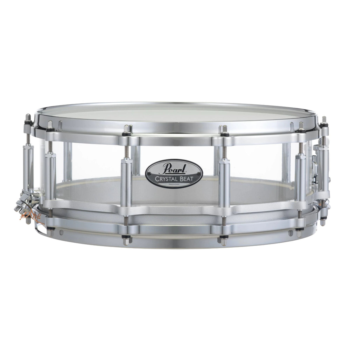 Pearl Crystal Beat 14x5-inch snare drum bundle with multiple snare drums and hardware, showcasing a sleek pearl finish.