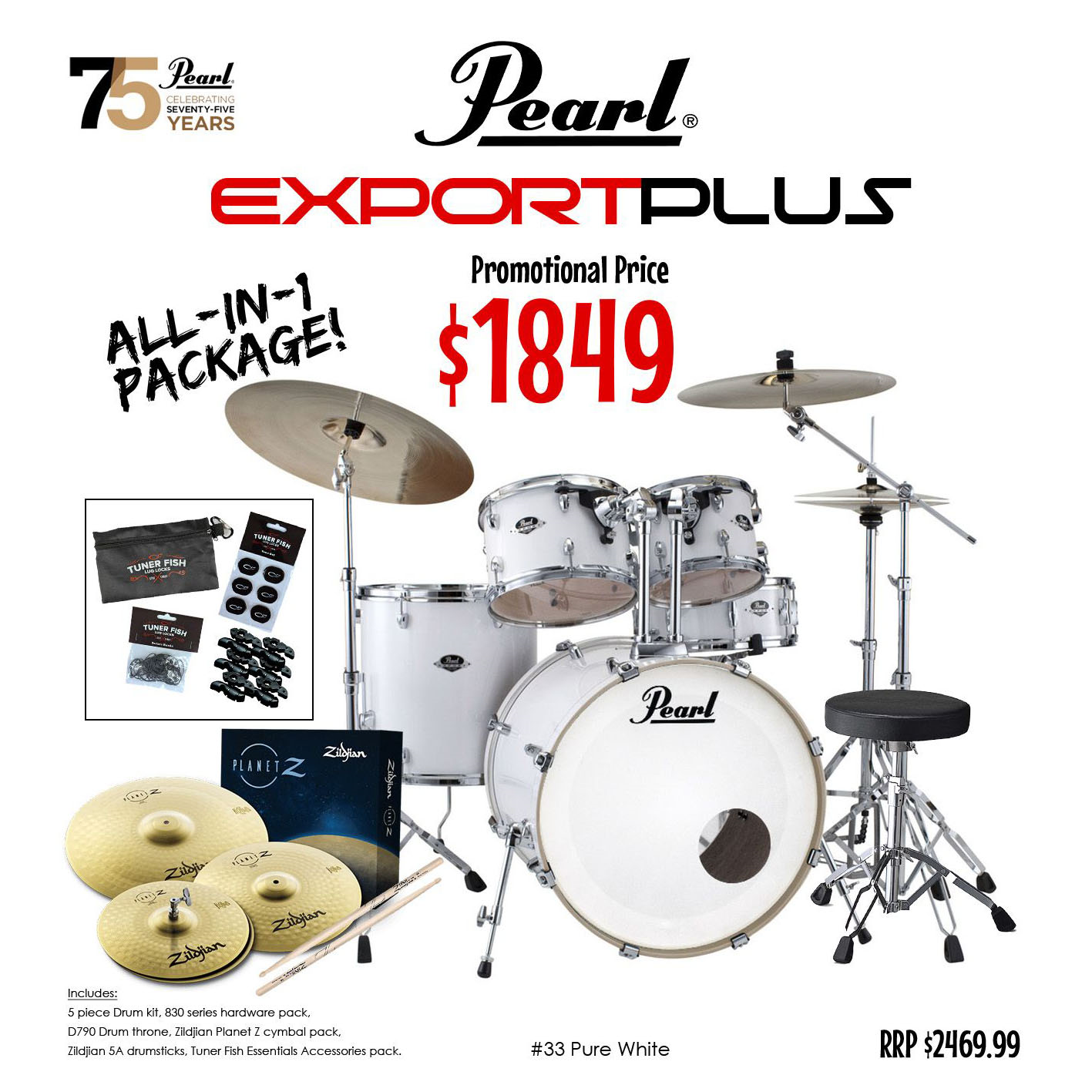 Pearl EXX Export Plus 20 inch Fusion 5-piece Drum Kit in Pure White