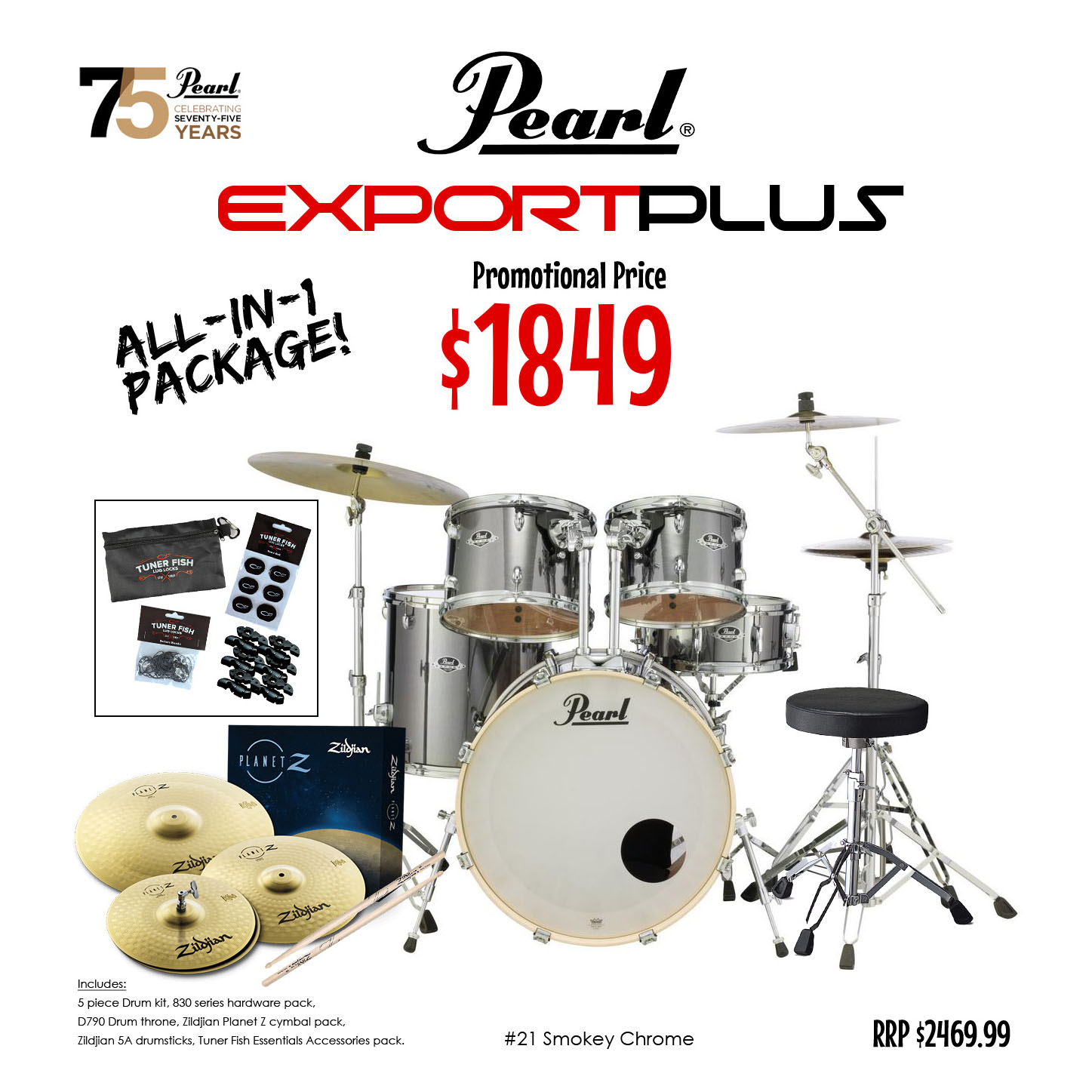 Pearl EXX Export Plus 22 inch Rock 5-piece Drum Kit in Smokey Chrome