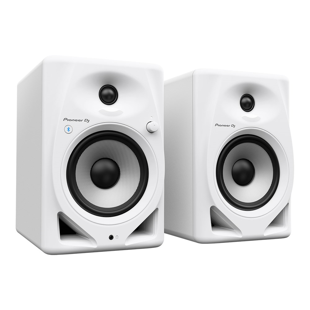 Pioneer DM-50D-BT-W 5-inch studio monitor speakers in white with Bluetooth connectivity displayed together.