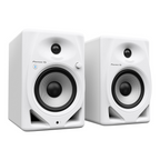 Pioneer DM-50D-BT-W 5-inch studio monitor speakers in white with Bluetooth connectivity displayed together.