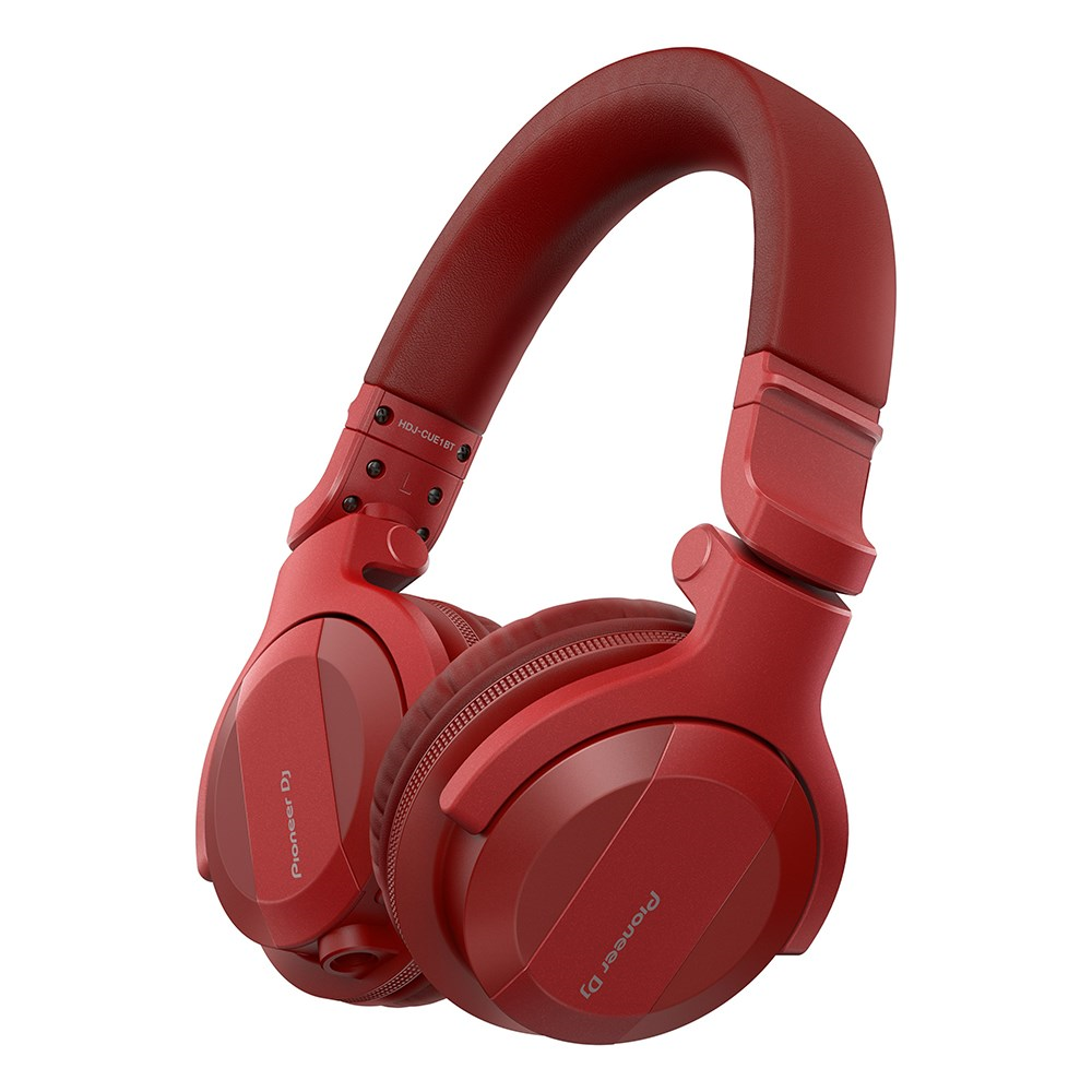 Pioneer HDJ-CUE1BT-R red Bluetooth monitoring headphones with cushioned ear pads and adjustable headband.