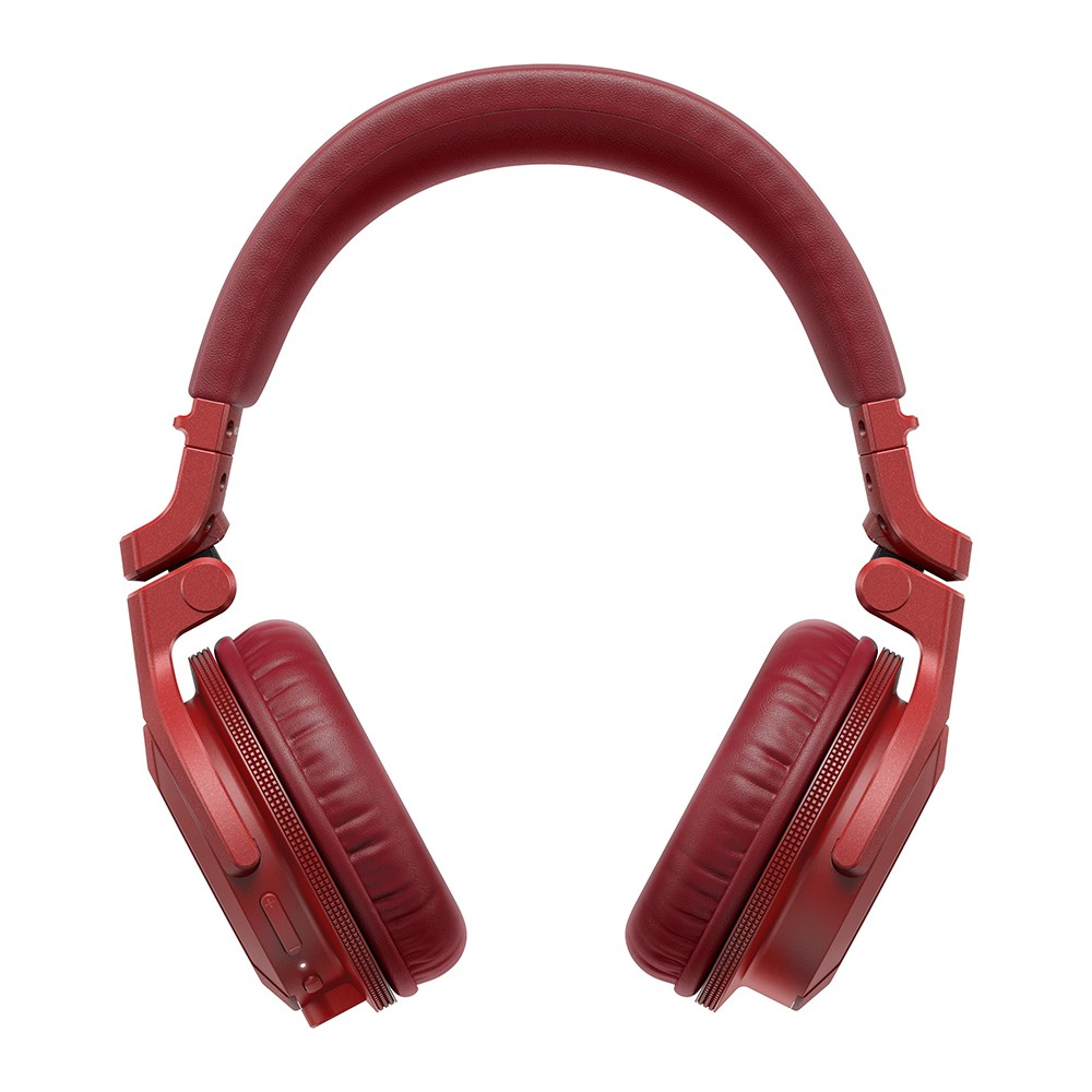 Pioneer HDJ-CUE1BT-R red Bluetooth monitoring headphones angled view showing ear cups and headband design.