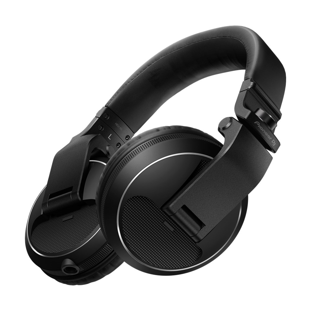 Pioneer HDJ-X5 black over-ear DJ headphones with padded ear cups and adjustable headband for comfortable monitoring.