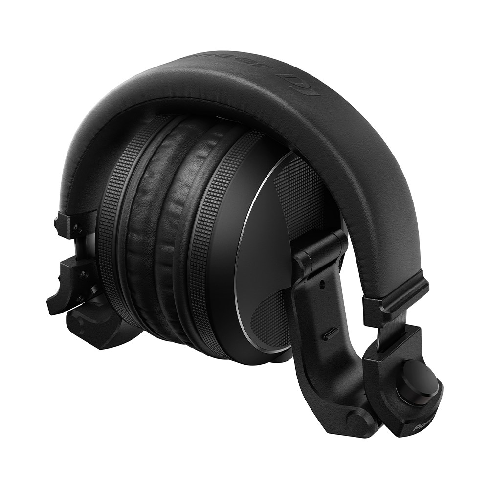 Pioneer HDJ-X5 over-ear DJ headphones in black, featuring cushioned ear pads and adjustable headband for comfort.