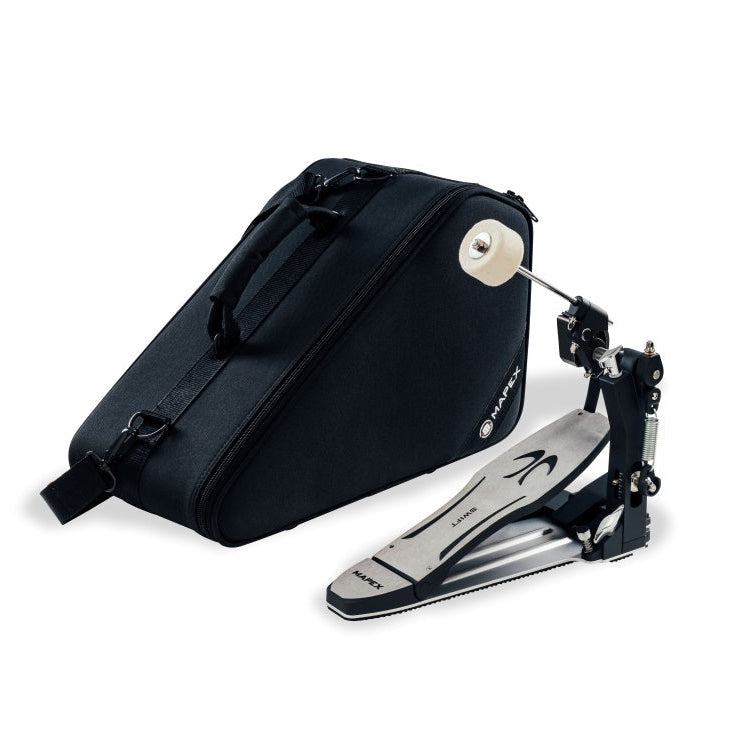 Mapex PDLSW1 Design Lab Swift bass drum pedal with black footplate and chrome hardware, showcasing its adjustable features and sleek design.