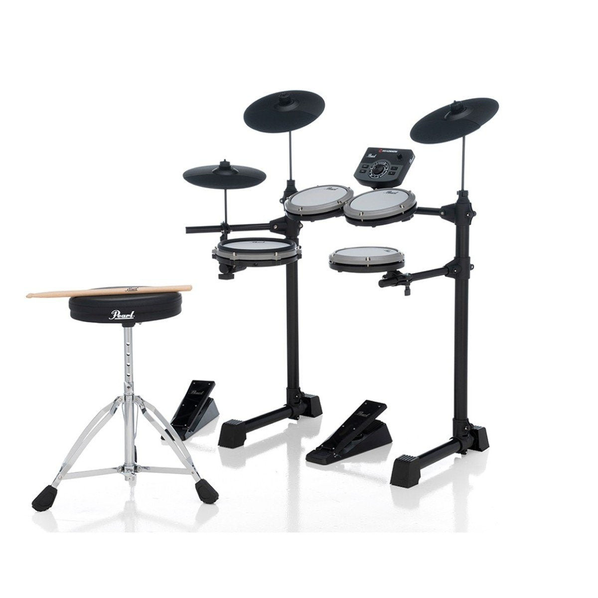 Pearl eRoadshow electronic drum kit with drum pads, control module, and cymbals for versatile electronic percussion setup.