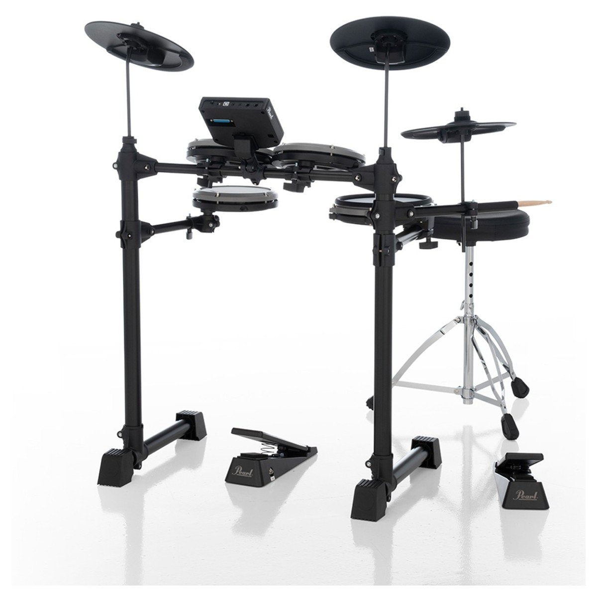Pearl eRoadshow electronic drum kit with mesh drum pads, cymbals, and control module for versatile electronic percussion.