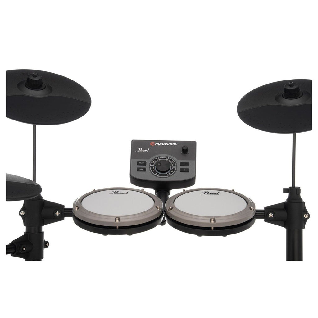 Pearl eRoadshow complete electronic drum kit with drum pads, cymbals, and control module for a versatile drumming experience.