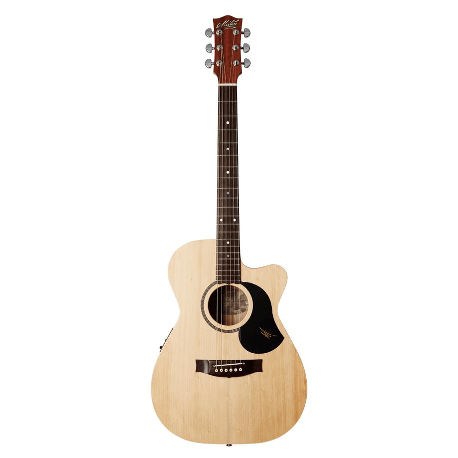 Maton Performer acoustic electric guitar with a natural wood finish, showcasing its body and fretboard.