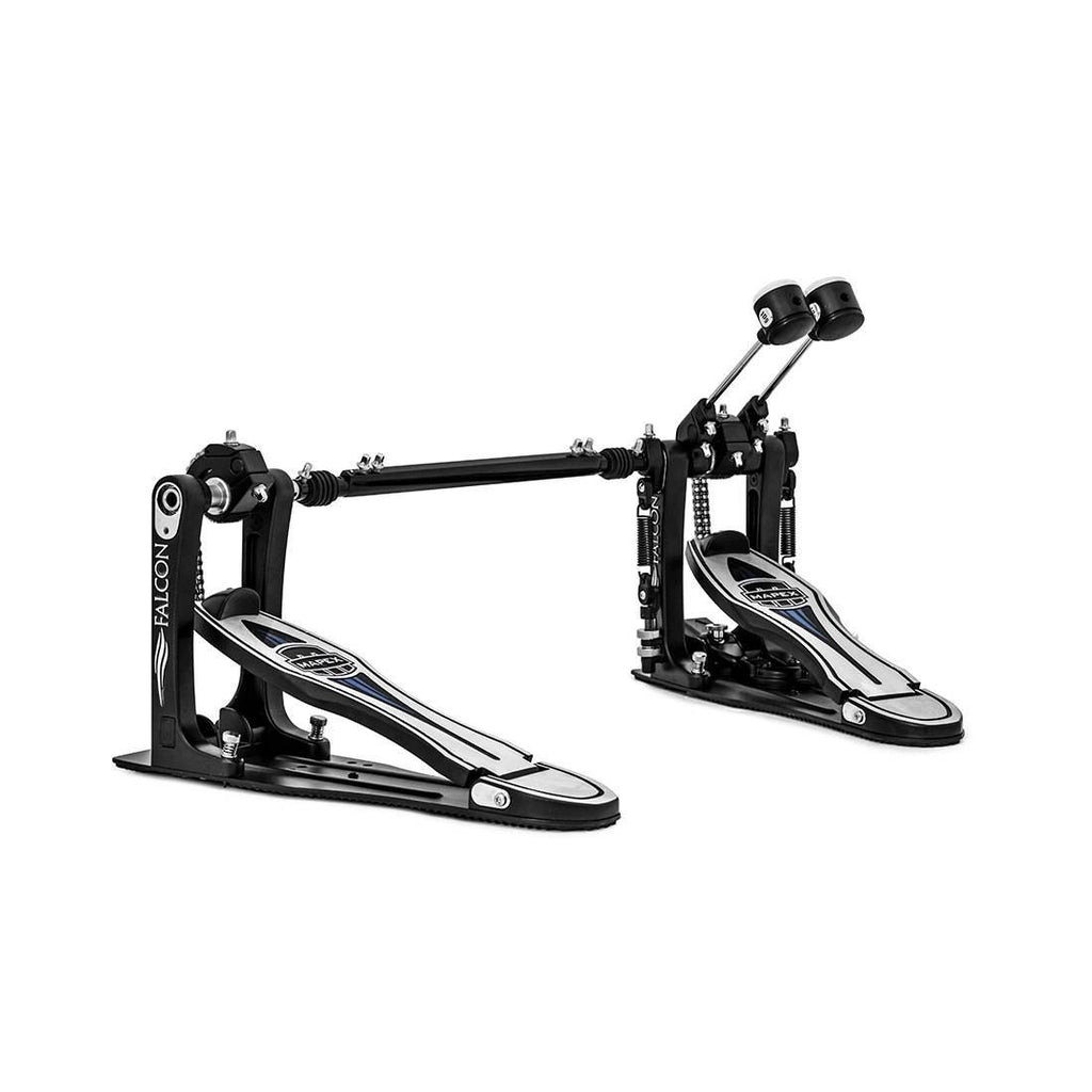Mapex PF1000TW Falcon Series double bass drum pedals showing footplates and pedal mechanism.