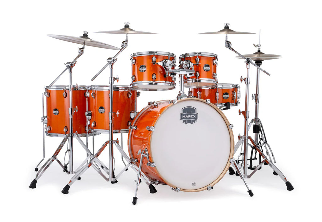 Mapex Mars Maple 6-piece drum kit with glossy amber finish, featuring 22-inch shell pack and SONIClear Tom suspension system.