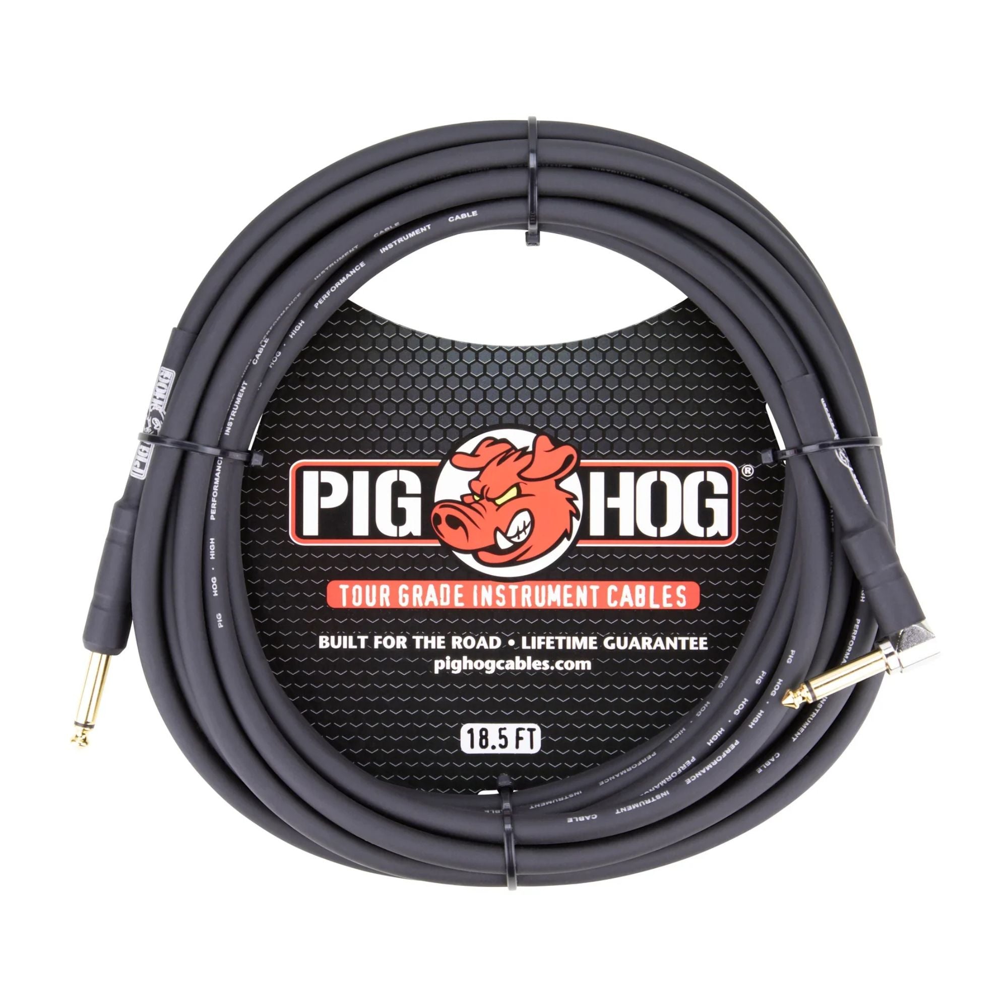 Pig Hog 18.5ft 1/4-inch to 1/4-inch guitar instrument cable with 8mm connectors, shown in the image.