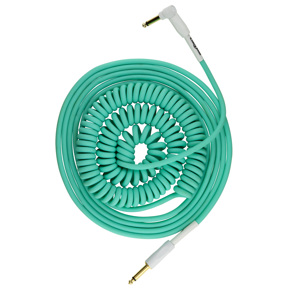 Pig Hog 30 ft seafoam green guitar instrument cable, half coil design, ideal for connecting electric guitars and musical instruments.