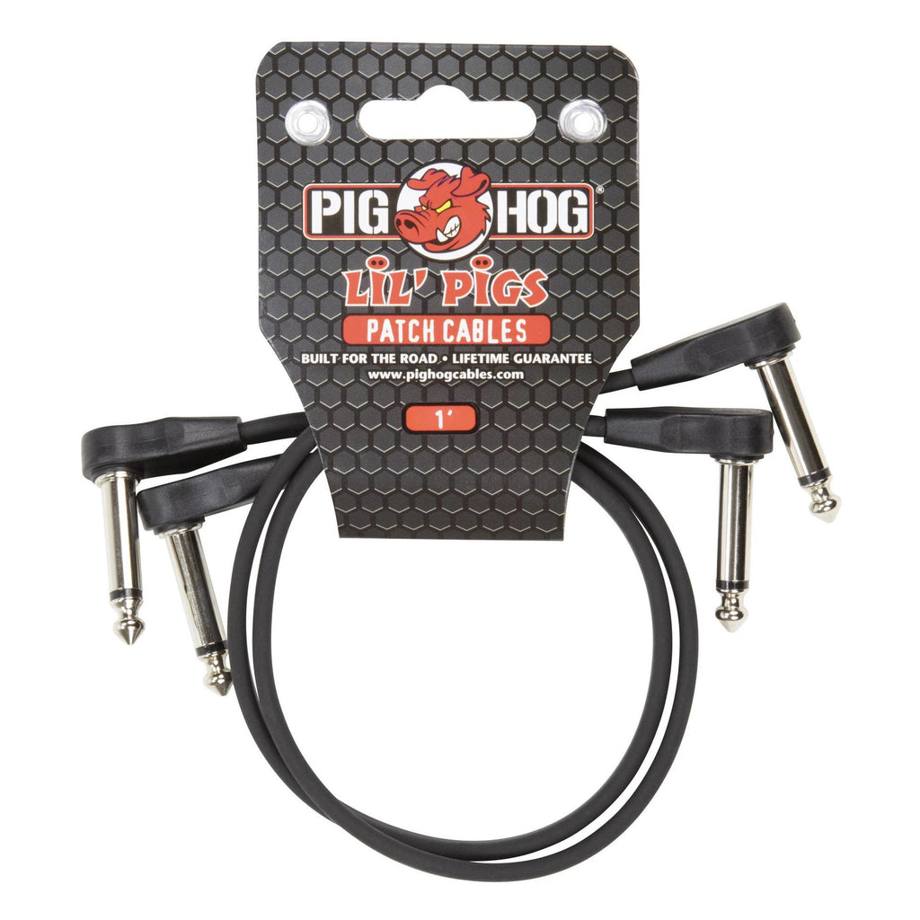 Two Pig Hog Lil' Pigs low profile 1ft guitar patch cables in black, designed for easy connection and minimal space.