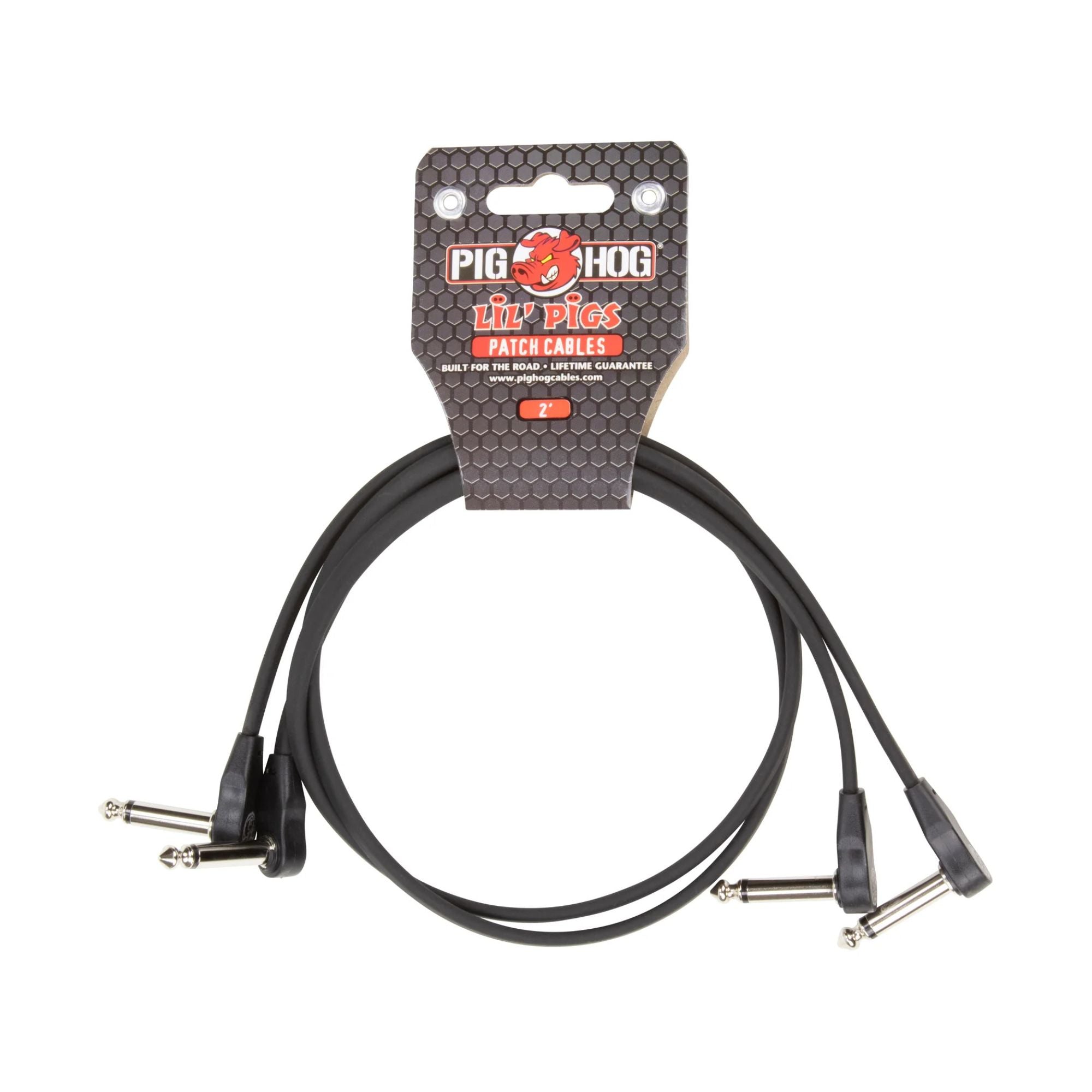 Pig Hog Lil' Pigs low profile 2ft guitar patch cables, 2-pack, featuring black connectors and flexible design for easy instrument connections.