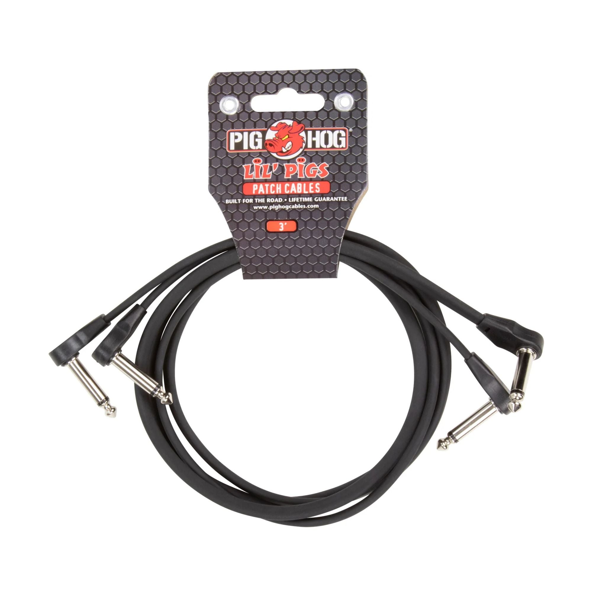 Pig Hog Lil' Pigs 3ft low profile guitar patch cables, 2-pack, with black connectors and flexible cable design.