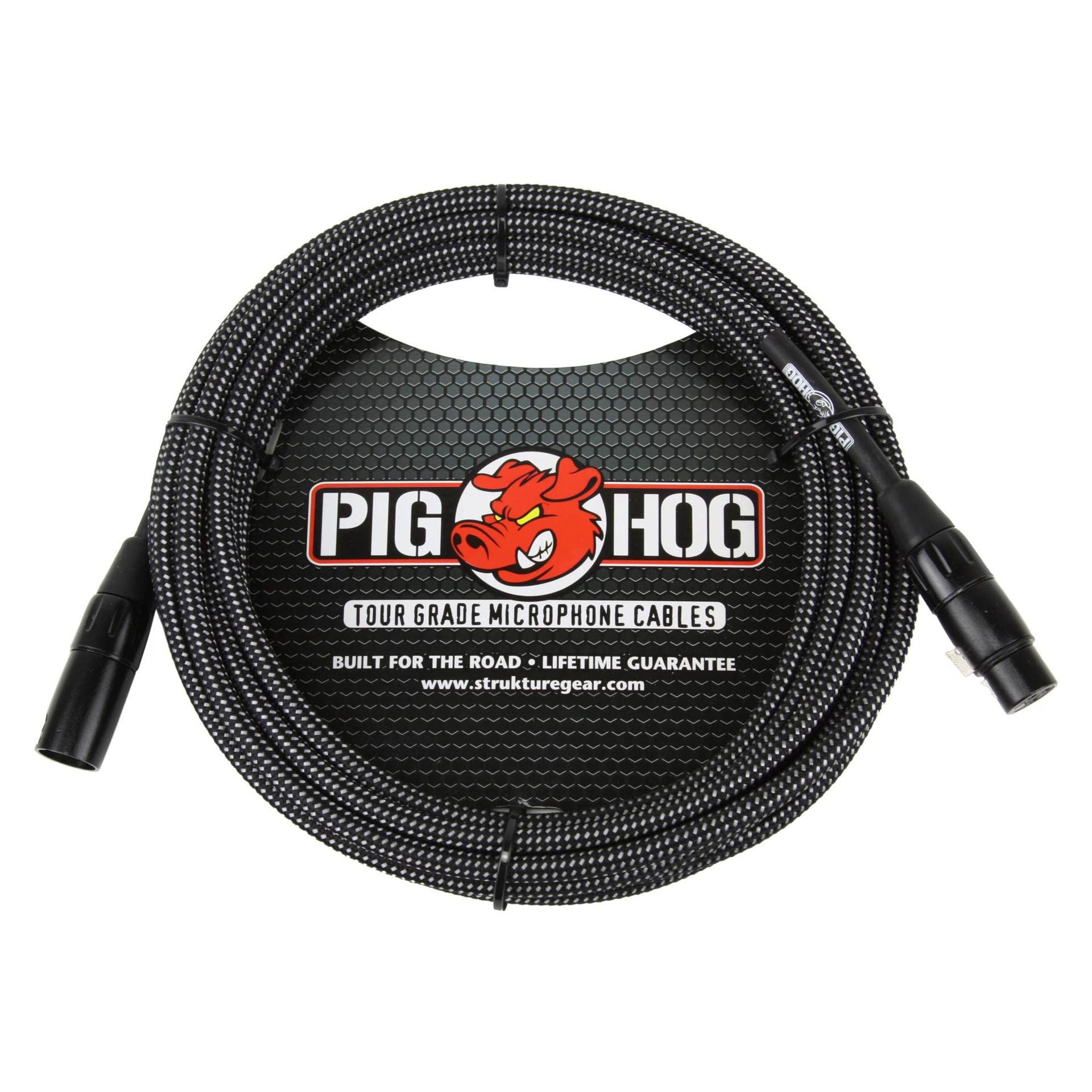 Black and white Pig Hog woven XLR microphone cable, 10-foot length, designed for professional audio connections.