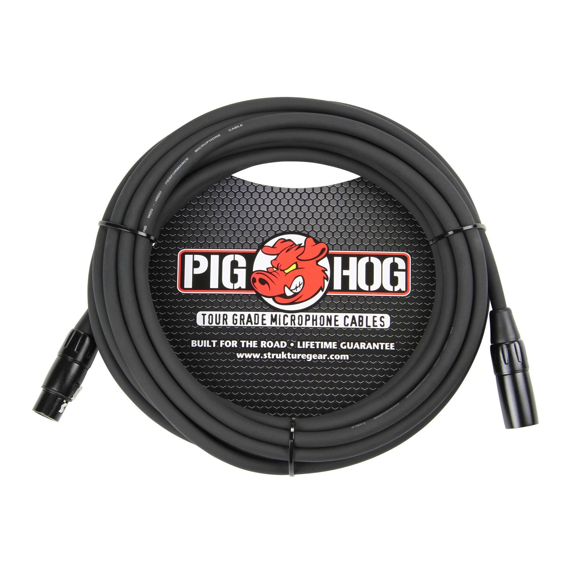 Pig Hog 8mm XLR microphone cable, 30ft long, showing black cable with XLR connectors for professional audio use.