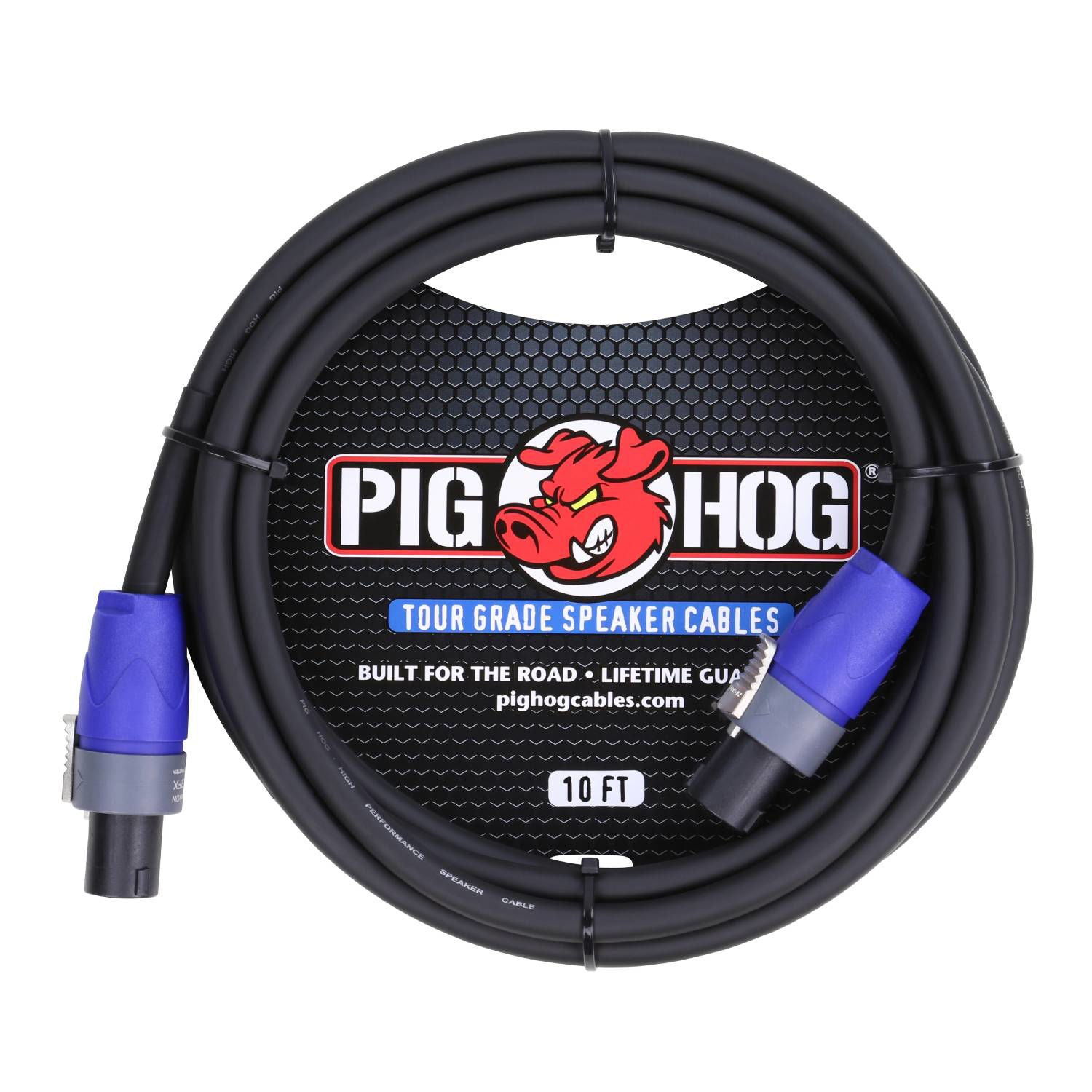 Pig Hog 10ft SPEAKON guitar speaker cable with 14-gauge wire, sturdy connectors, ideal for connecting guitar amplifiers and speakers.