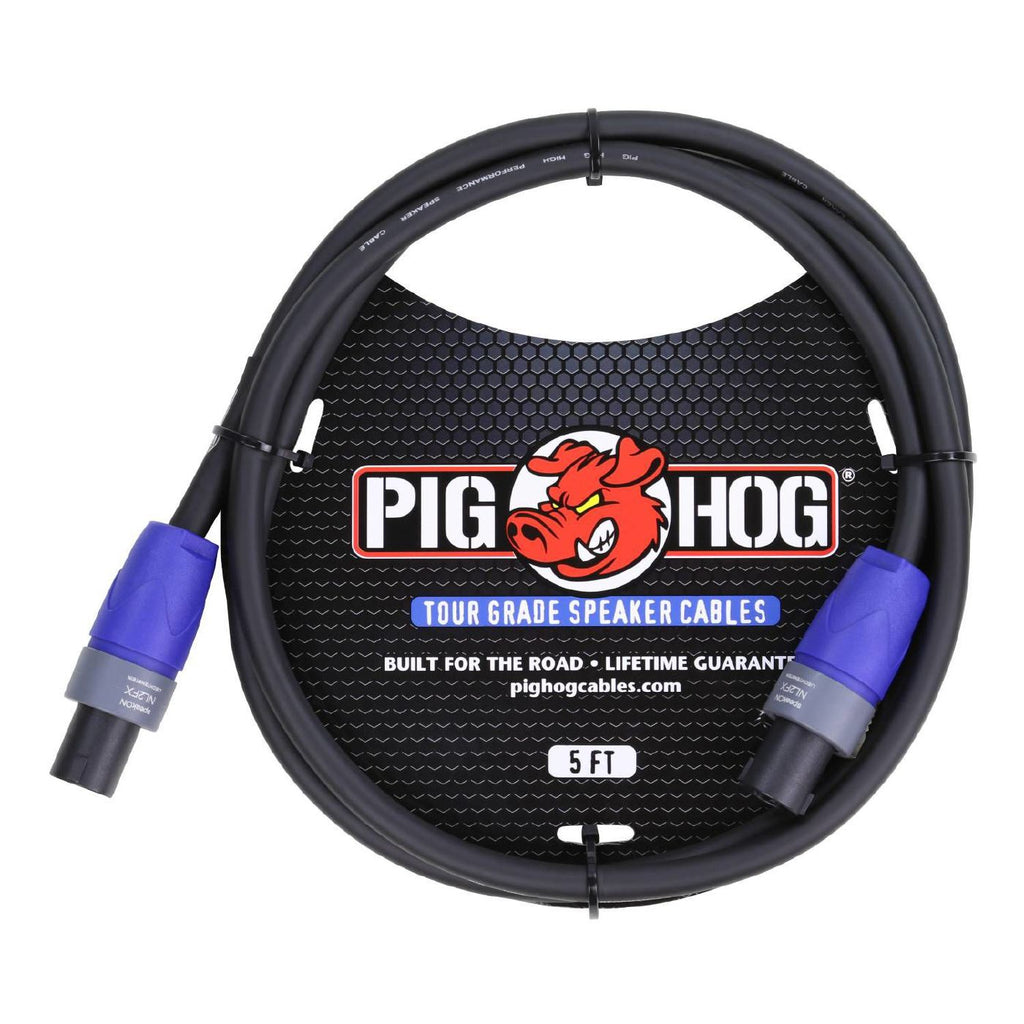 Pig Hog 5ft SPEAKON guitar speaker cable with 14-gauge wire, showing the black SPEAKON connector and cable length.
