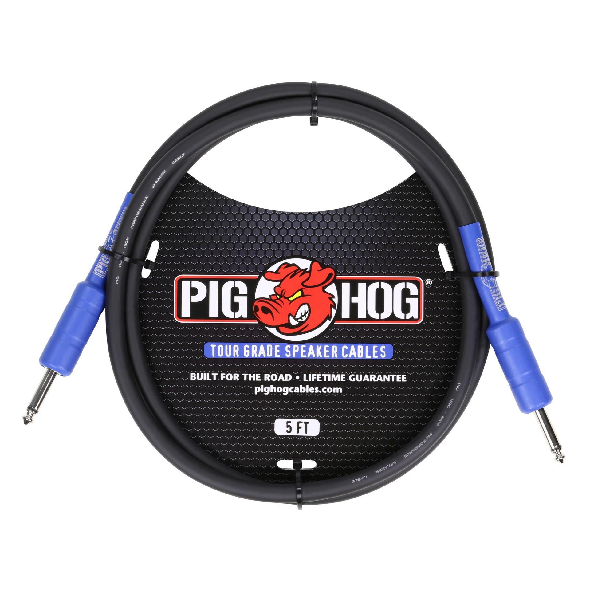 Pig Hog 5ft 14-gauge speaker cable for PA systems, showing durable wiring and connectors for high-quality sound transmission.