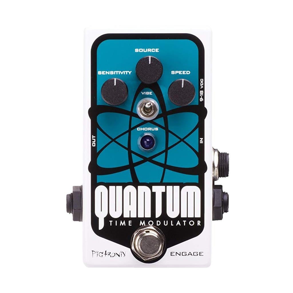 Pigtronix Quantum Time Modulator effects pedal featuring knobs and a sleek design for guitar sound modulation.