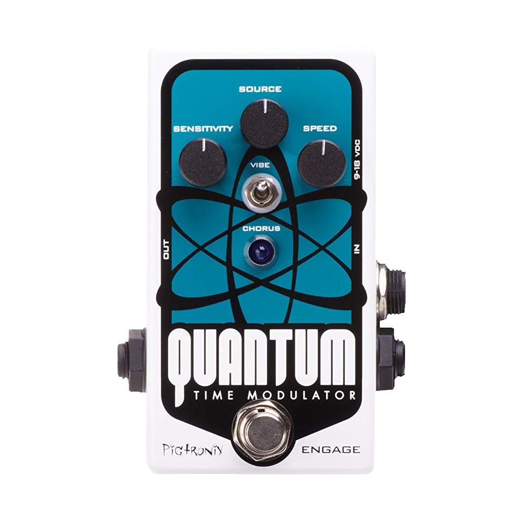 Pigtronix Quantum Time Modulator effects pedal featuring knobs and a sleek design for guitar sound modulation.