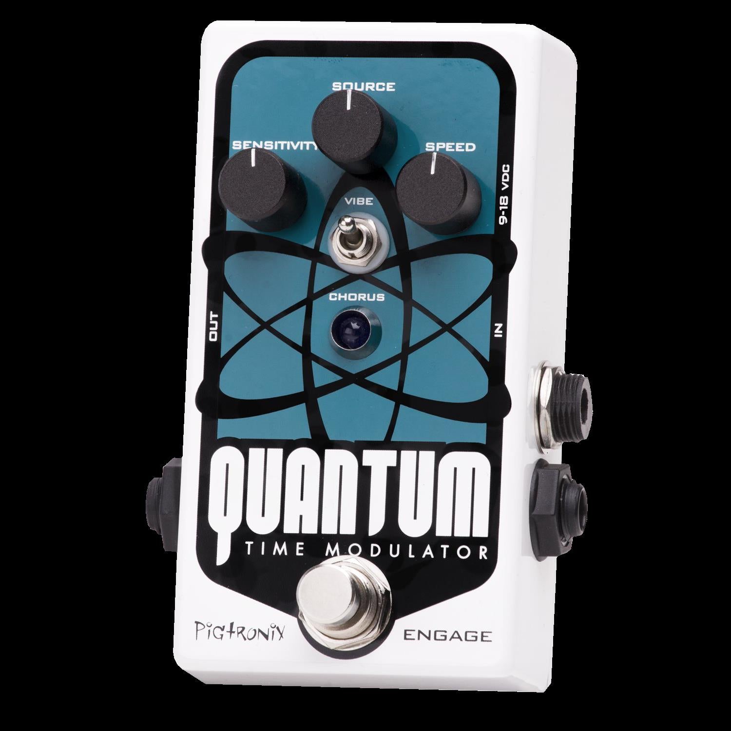 Pigtronix Quantum Time Modulator effects pedal with knobs and switches for guitar sound modulation.