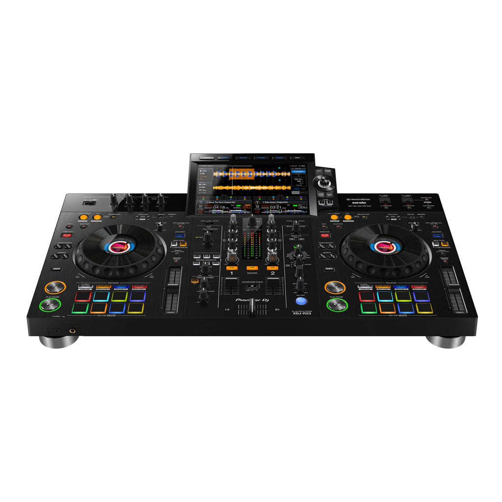 Pioneer XDJRX3 all-in-one DJ controller with 10.1-inch touch screen, jog wheels, and control knobs for Rekordbox DJ setup.