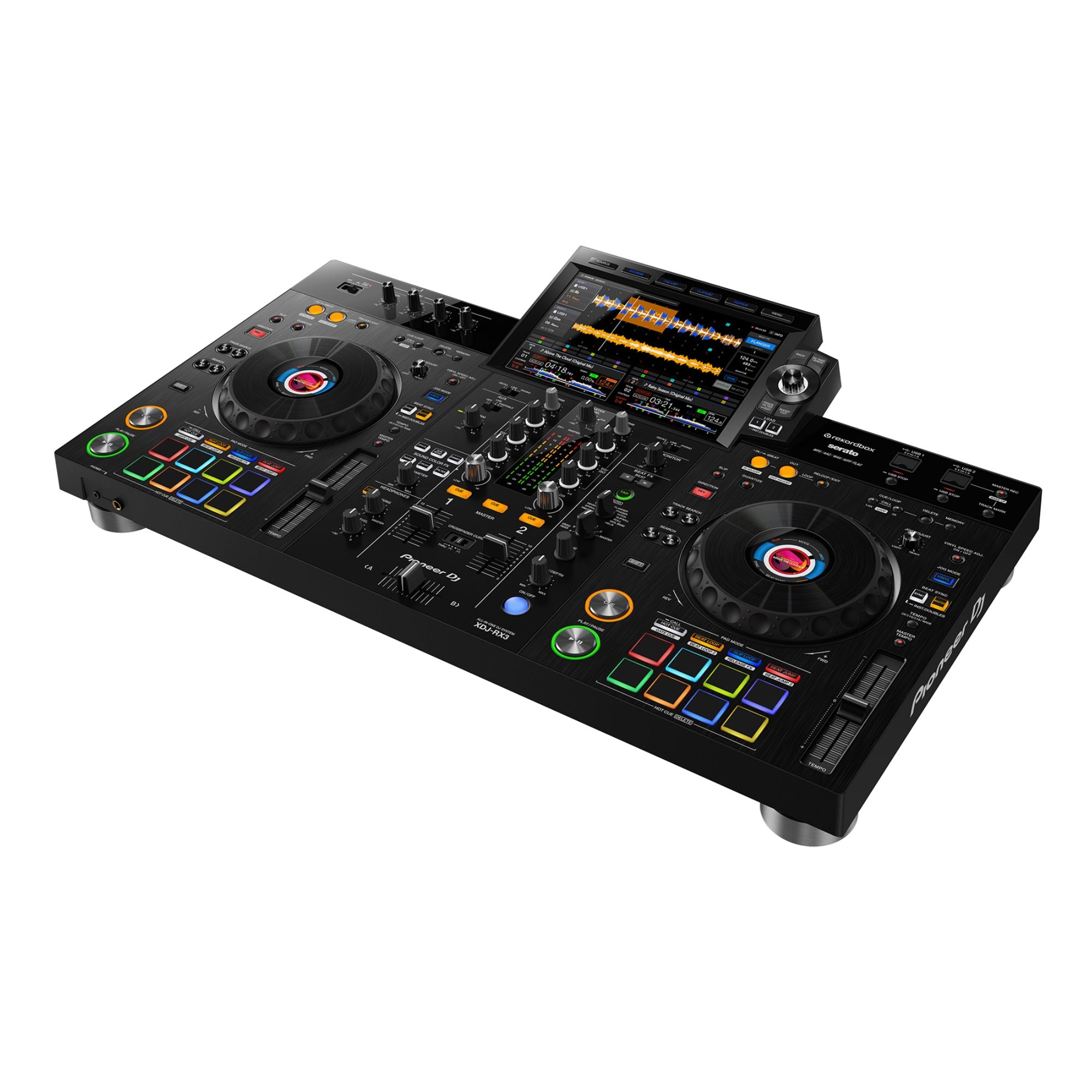 Pioneer XDJRX3 all-in-one DJ controller with 10.1-inch touch screen, professional Rekordbox DJ system for seamless mixing.