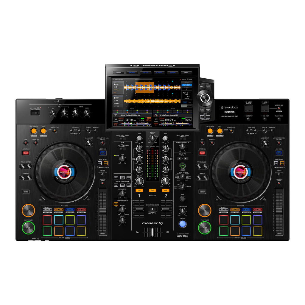 Pioneer XDJRX3 all-in-one DJ system with 10.1-inch touch screen, featuring DJ controller controls and Rekordbox compatibility.