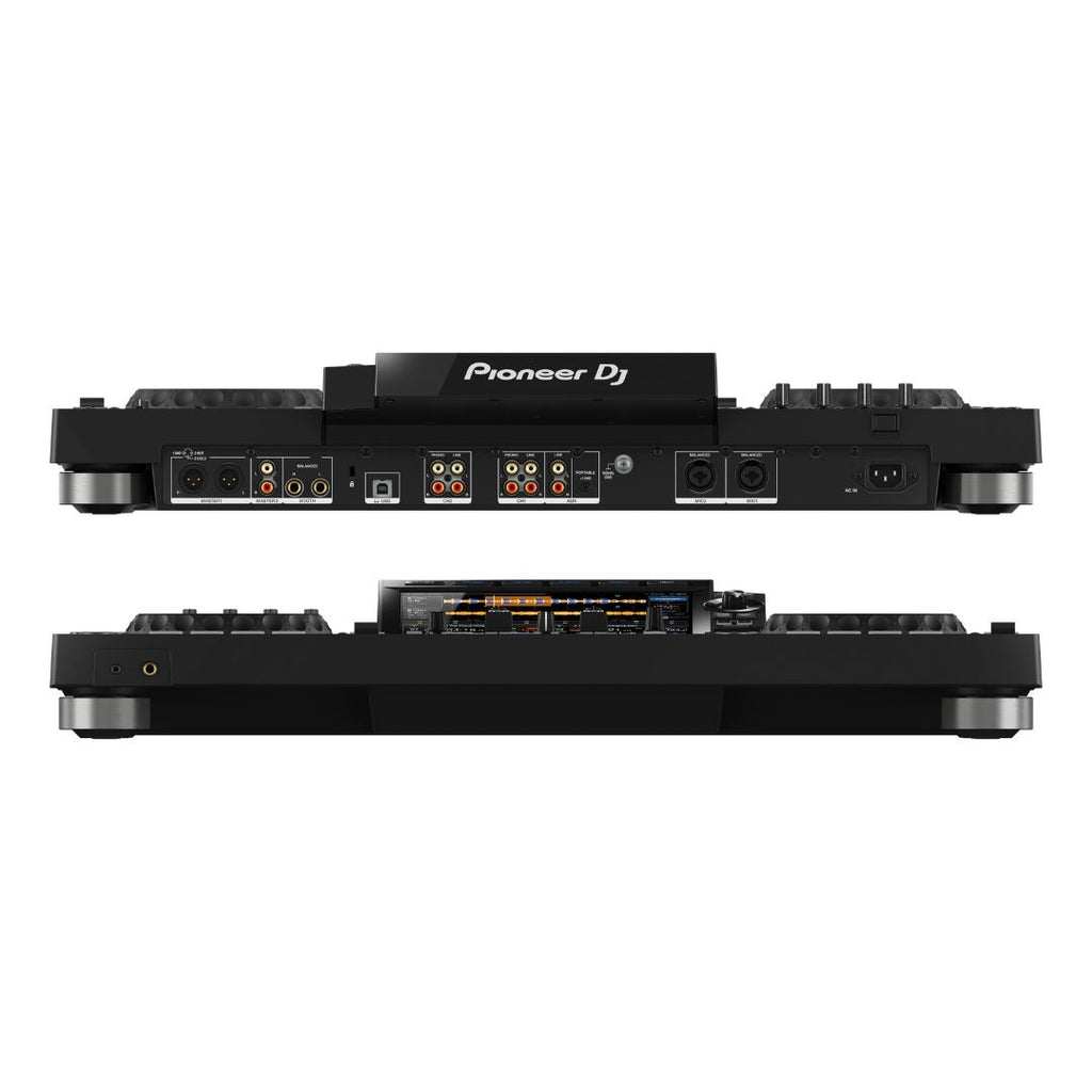 Pioneer XDJRX3 all-in-one DJ system with 10.1-inch touch screen, featuring jog wheels, control knobs, and Rekordbox compatibility.