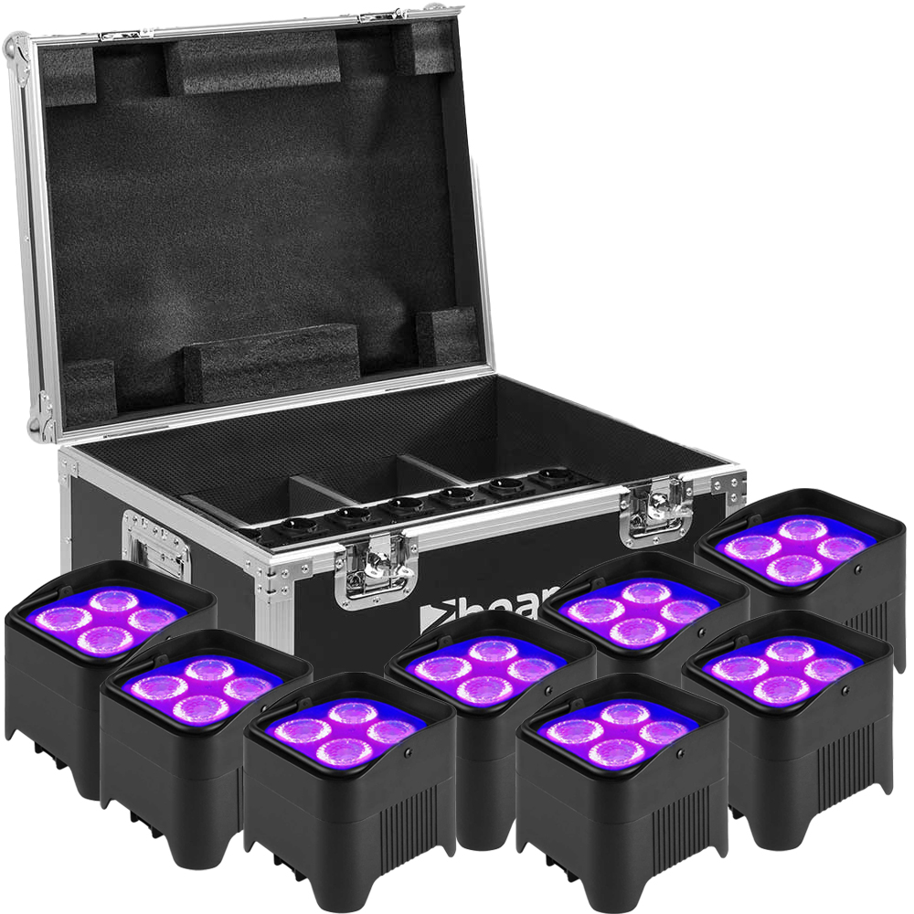 Beamz BBP94W Uplight Bundle with 8x Lights and Flight Case