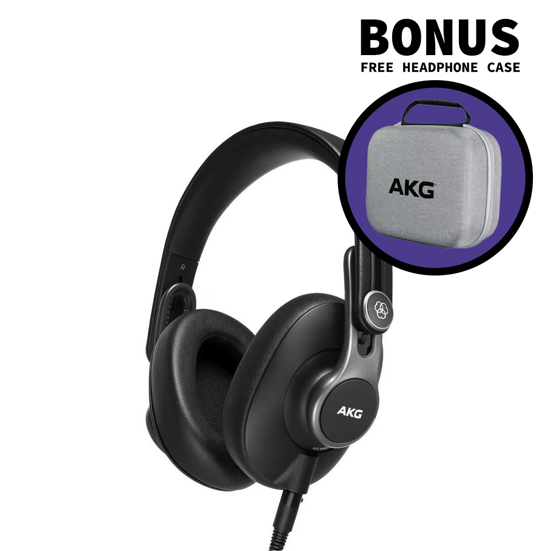 AKG K371 closed-back over-ear studio headphones with black ear cups and adjustable headband, shown in protective carrying case