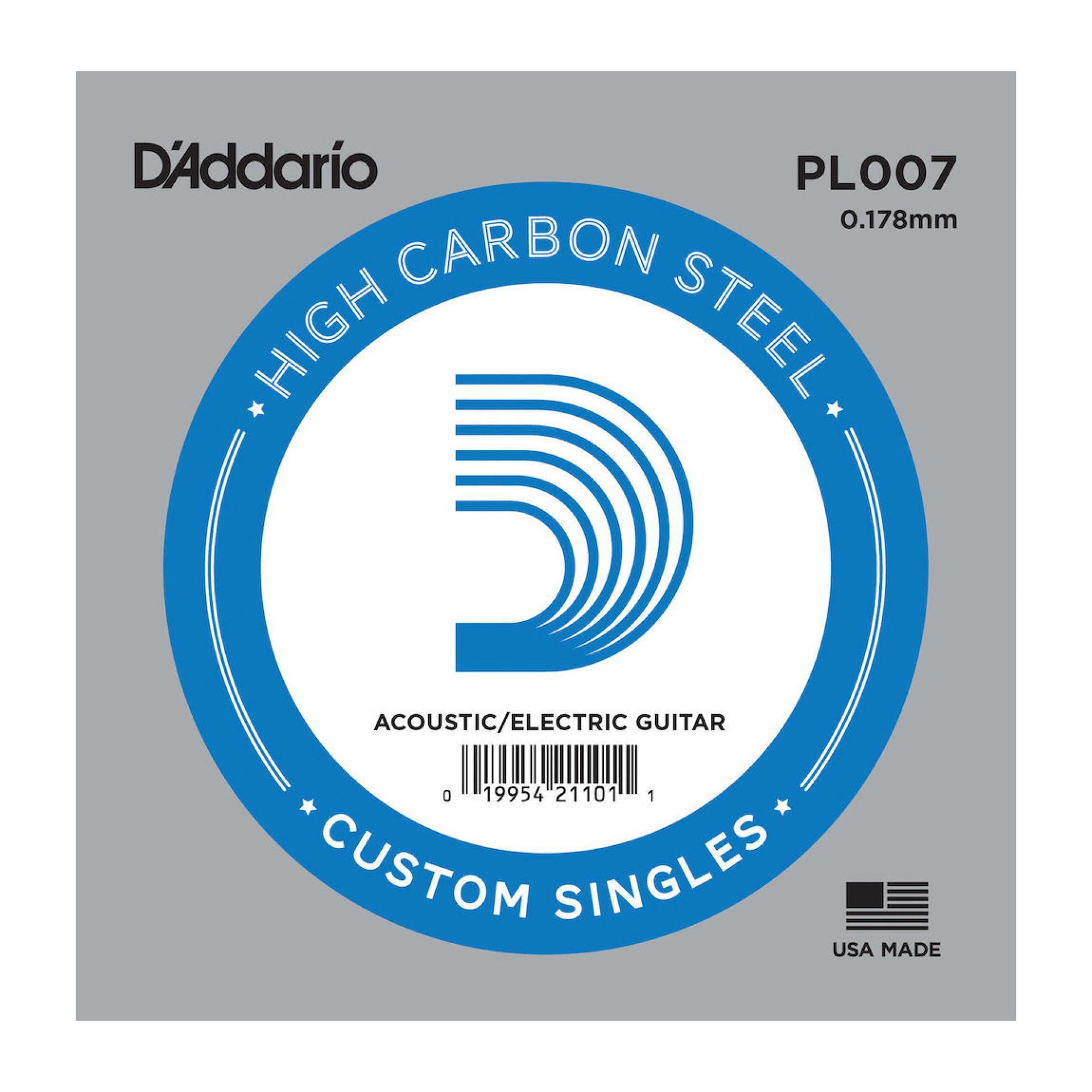 D'Addario 007 single plain guitar string for electric guitars, showing the shiny metal string coil in the image.