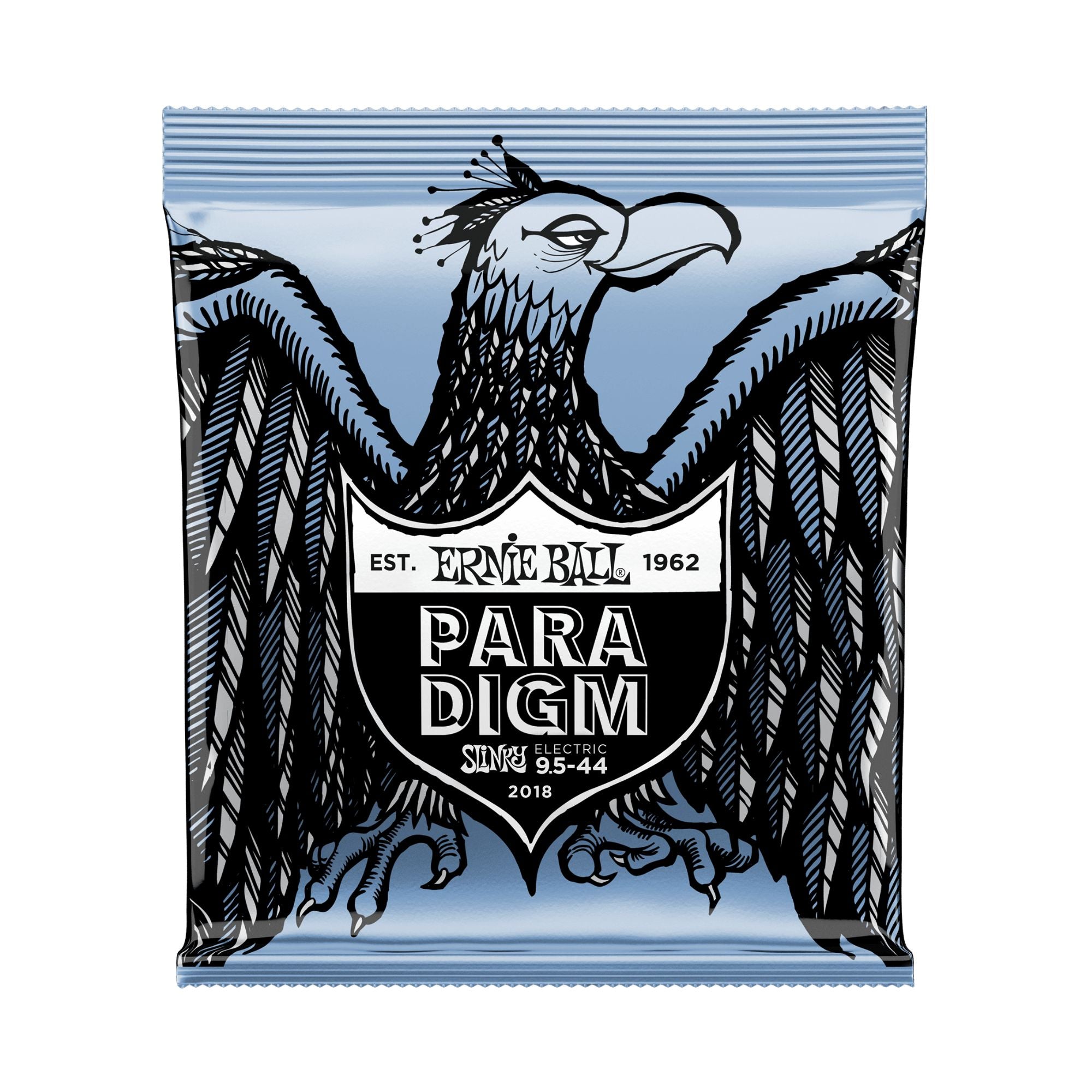 Ernie Ball Paradigm Primo electric guitar strings 9.5 to 44 gauge, shown on a guitar, high-quality electric string set by Ernie Ball.