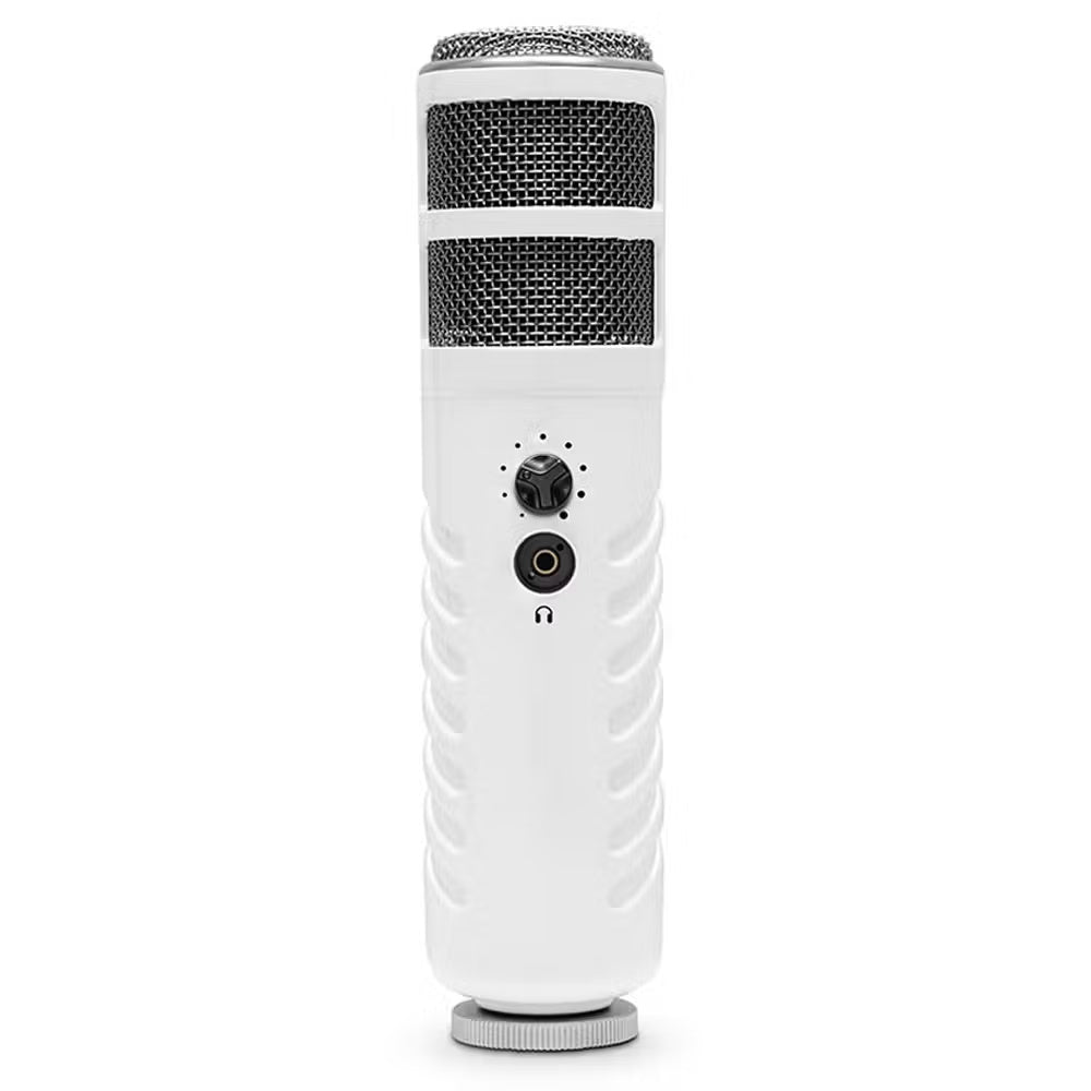 Rode Podcaster MKII USB broadcast microphone on a stand, featuring a black design and built-in controls for podcasting and streaming.