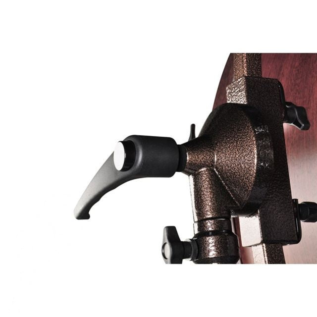 Adams bass drum tilter lock handle for orchestral and marching percussion, shown in black with metal components.