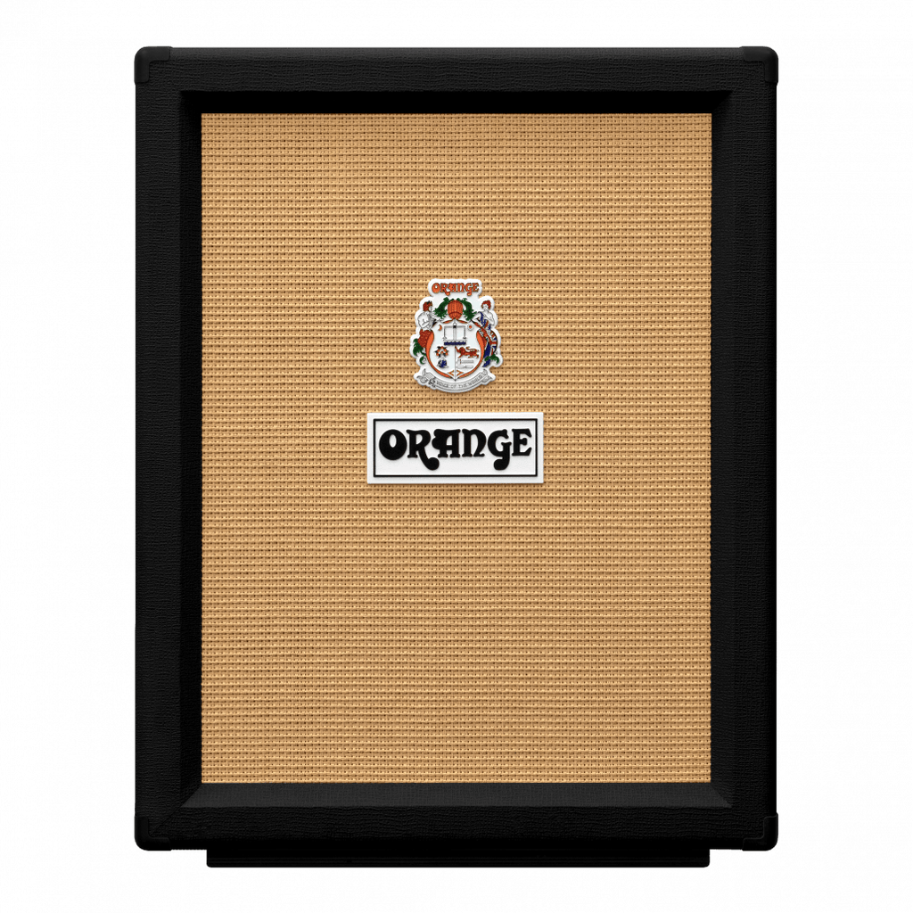 Orange PPC212V BK vertical guitar speaker cabinet with two 12-inch speakers in black finish, ideal for guitar amplification.