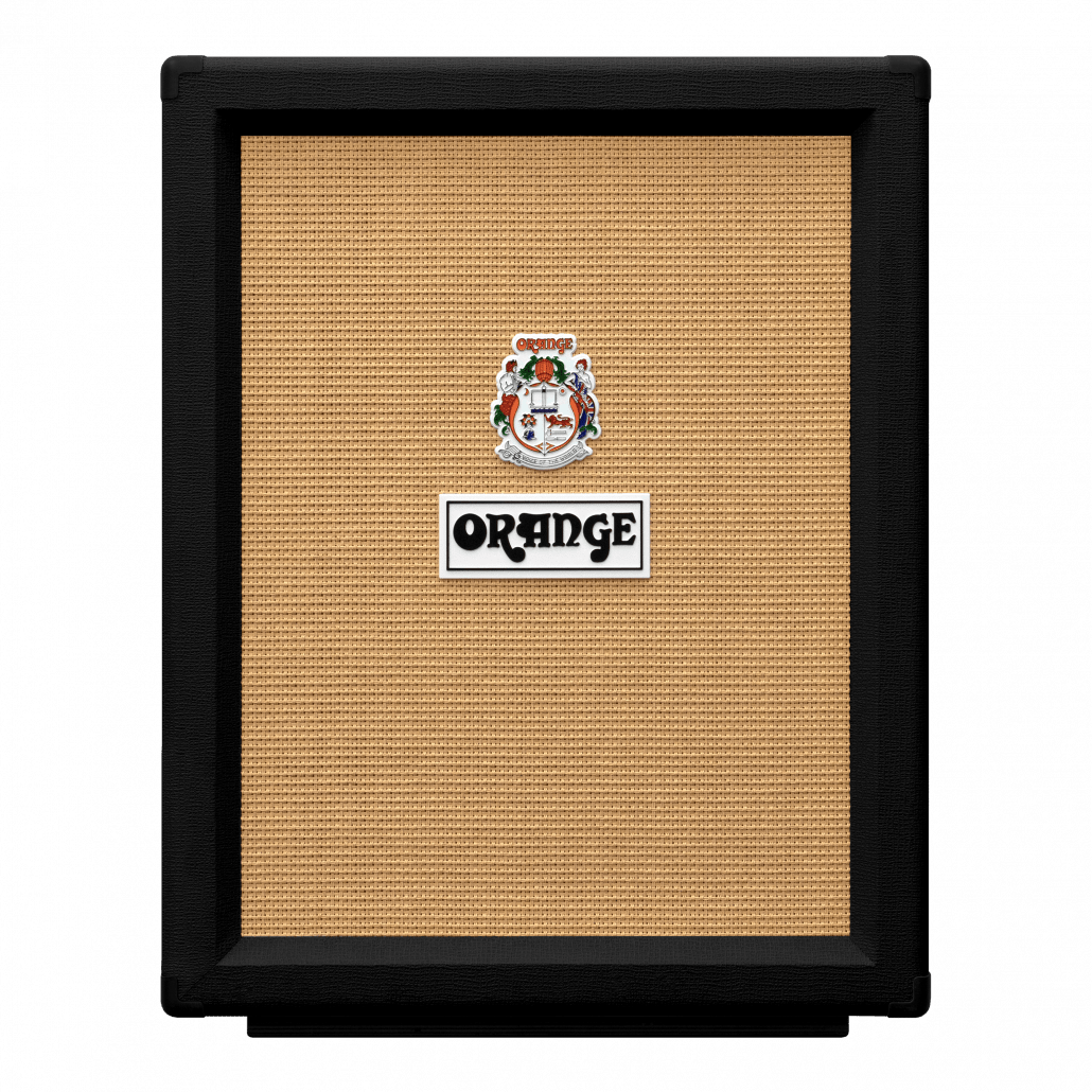 Orange PPC212V BK vertical guitar speaker cabinet with two 12-inch speakers in black finish, ideal for guitar amplification.