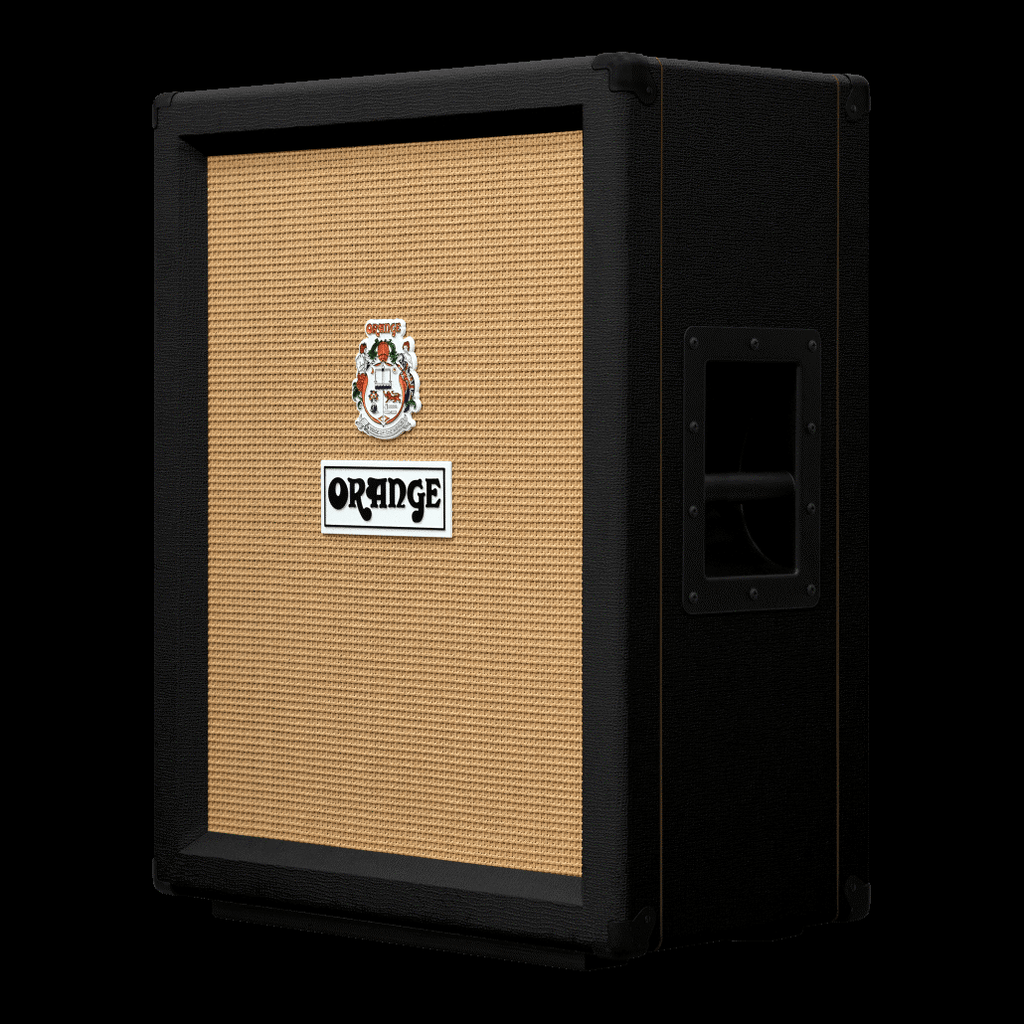 Orange PPC212V BK 2x12 vertical guitar speaker cabinet in black with two speaker openings and sturdy construction.