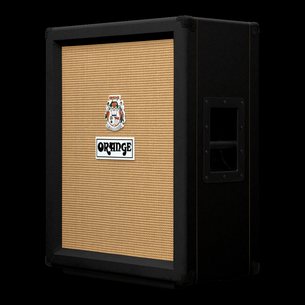 Orange PPC212V BK 2x12 vertical guitar speaker cabinet in black with two speaker openings and sturdy construction.