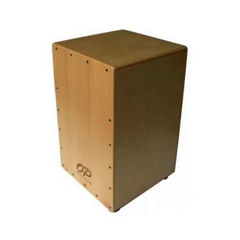 Opus Percussion wooden cajon in birch finish with deluxe carry bag, showcasing the compact percussion instrument and its carrying case.