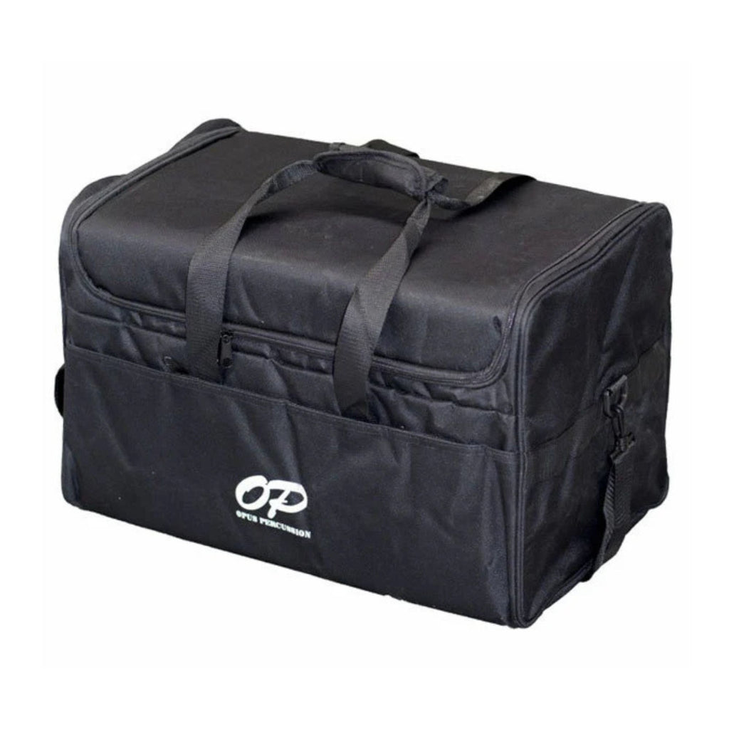 Opus Percussion wooden cajon in birch finish with black front panel, shown with deluxe carry bag for easy transport.