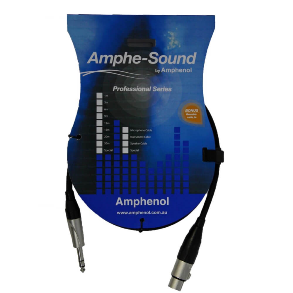 Amphenol 3-meter female XLR to 6.35mm TRS audio cable with black connectors and cable for professional audio connections.