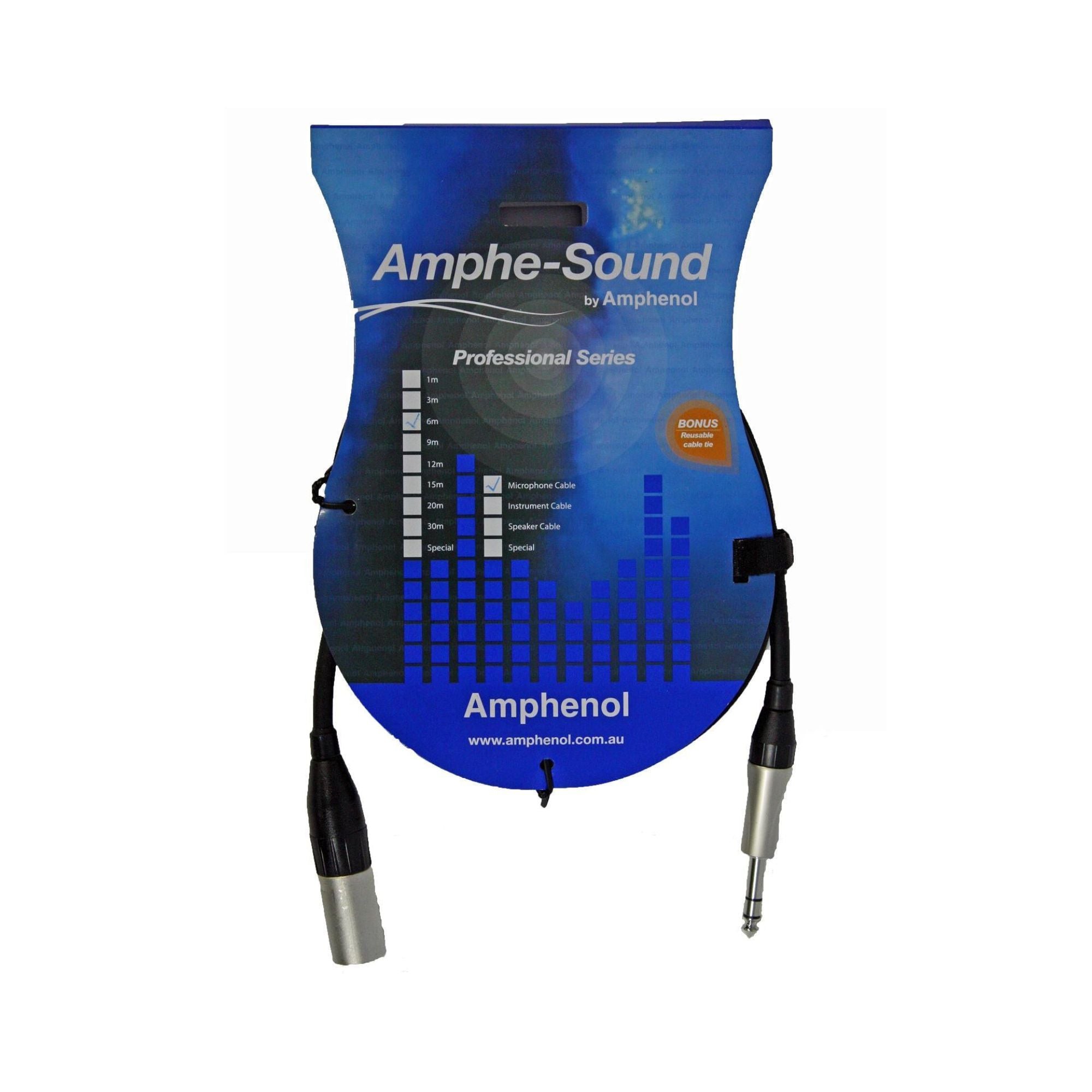 Amphenol male XLR to 6.35mm TRS microphone cable, 3 meters long, suitable for PA audio connections and professional audio setups.