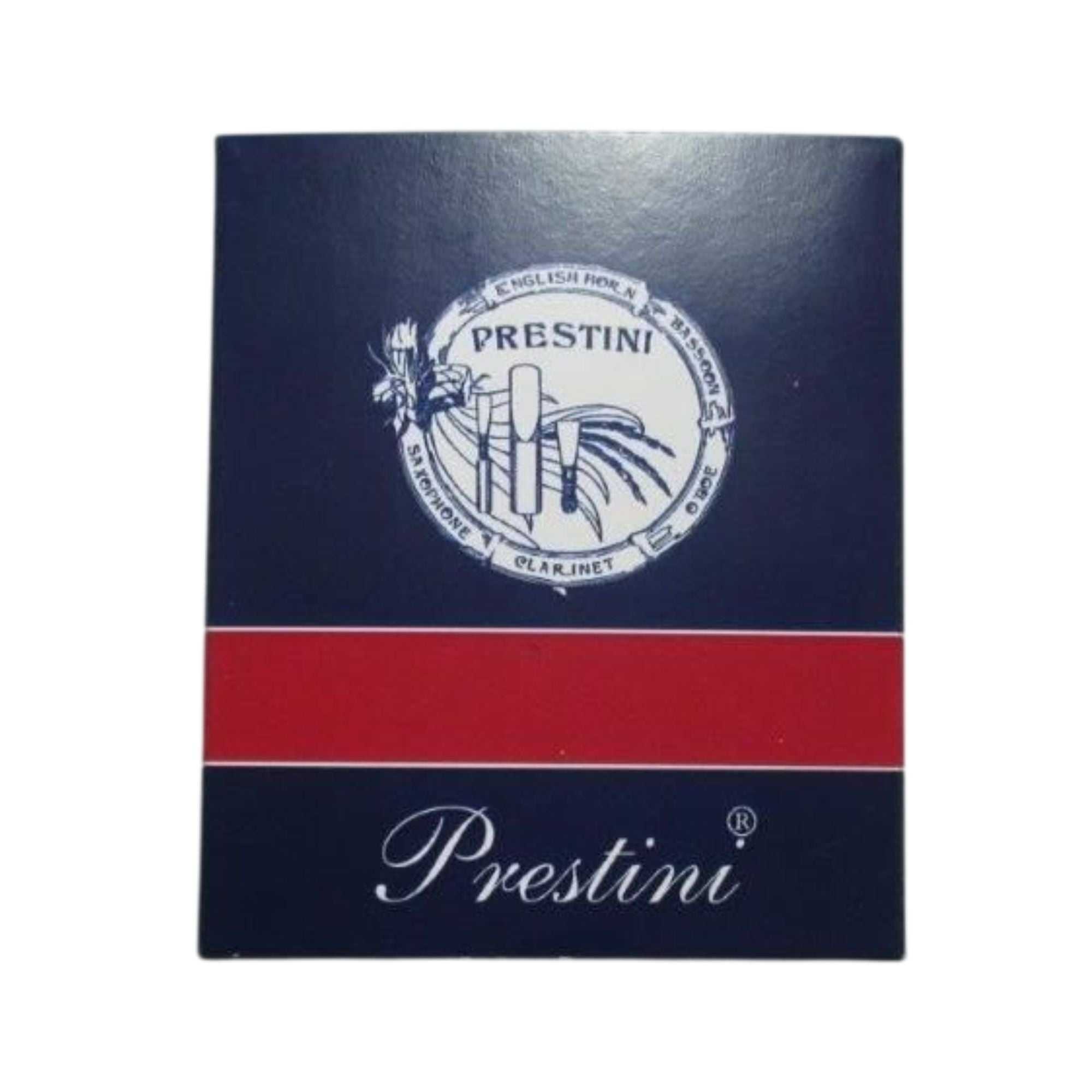 Pack of 10 Prestini PR10 tenor saxophone reeds, 3.5 strength, for brass and woodwind instruments, shown in the image.