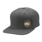 Gray DW Drum Workshop snapback hat featuring a classic design and adjustable strap, perfect for music and drum enthusiasts.